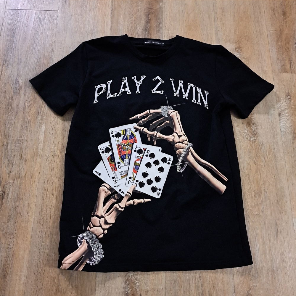 Streetz Iz Watching "Play 2 Win" Black Graphic Tee Skeleton Card Design Small